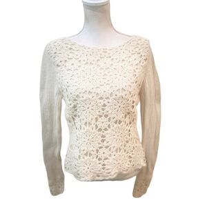 Carole Little ivory lambswool/angora crochet front sweater large fits medium